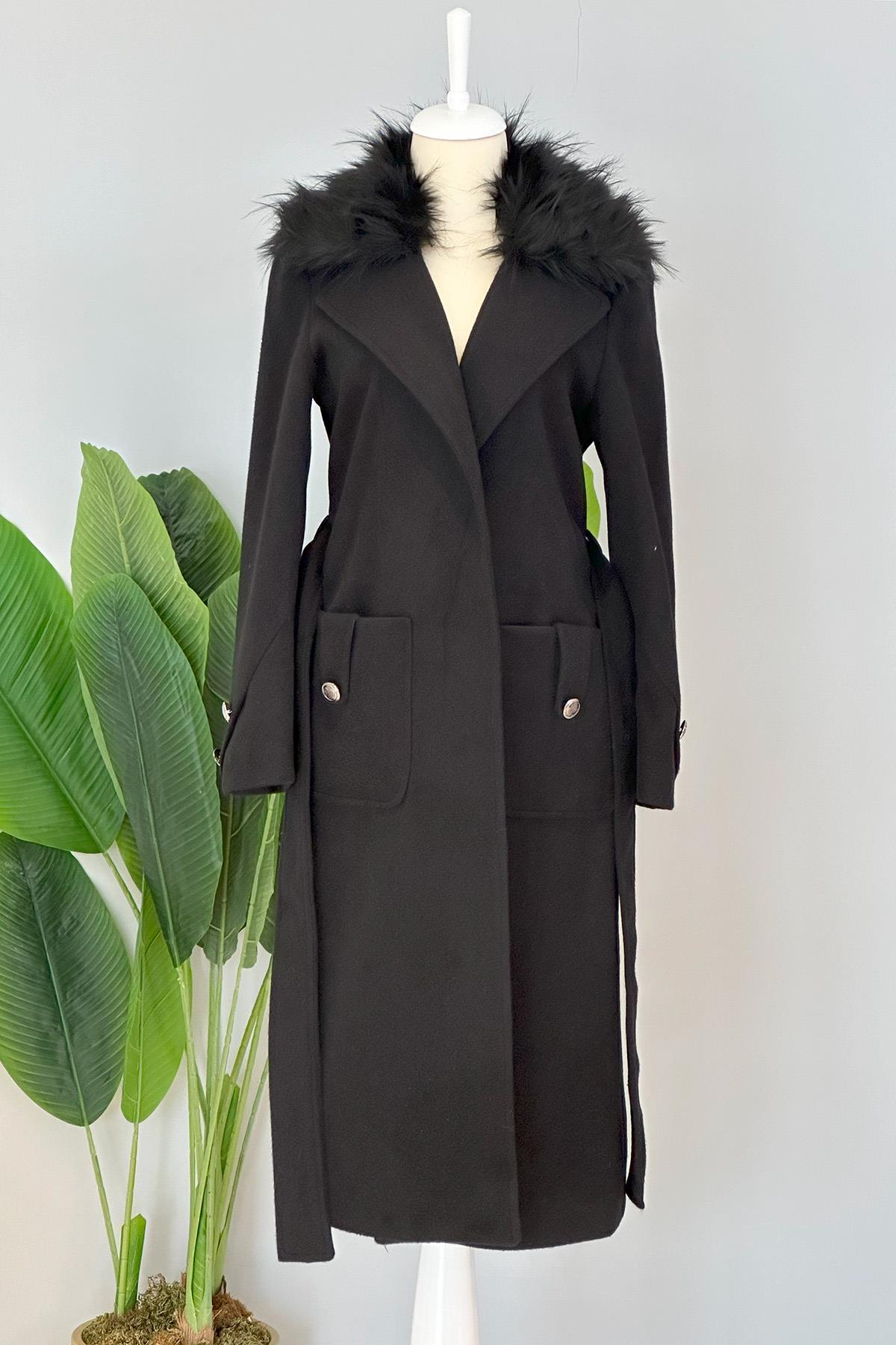 Kürklü Düğme Detaylı Kaban 17774 Siyah