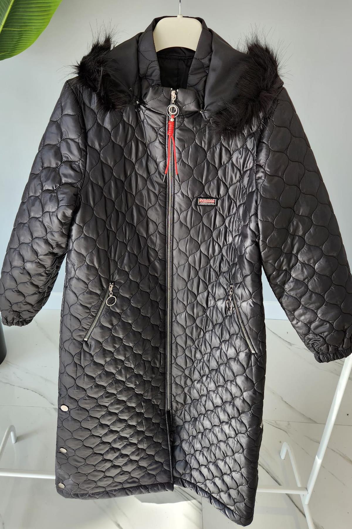 Kürklü Kapitone Mont 17753 Endiva Kaban Siyah