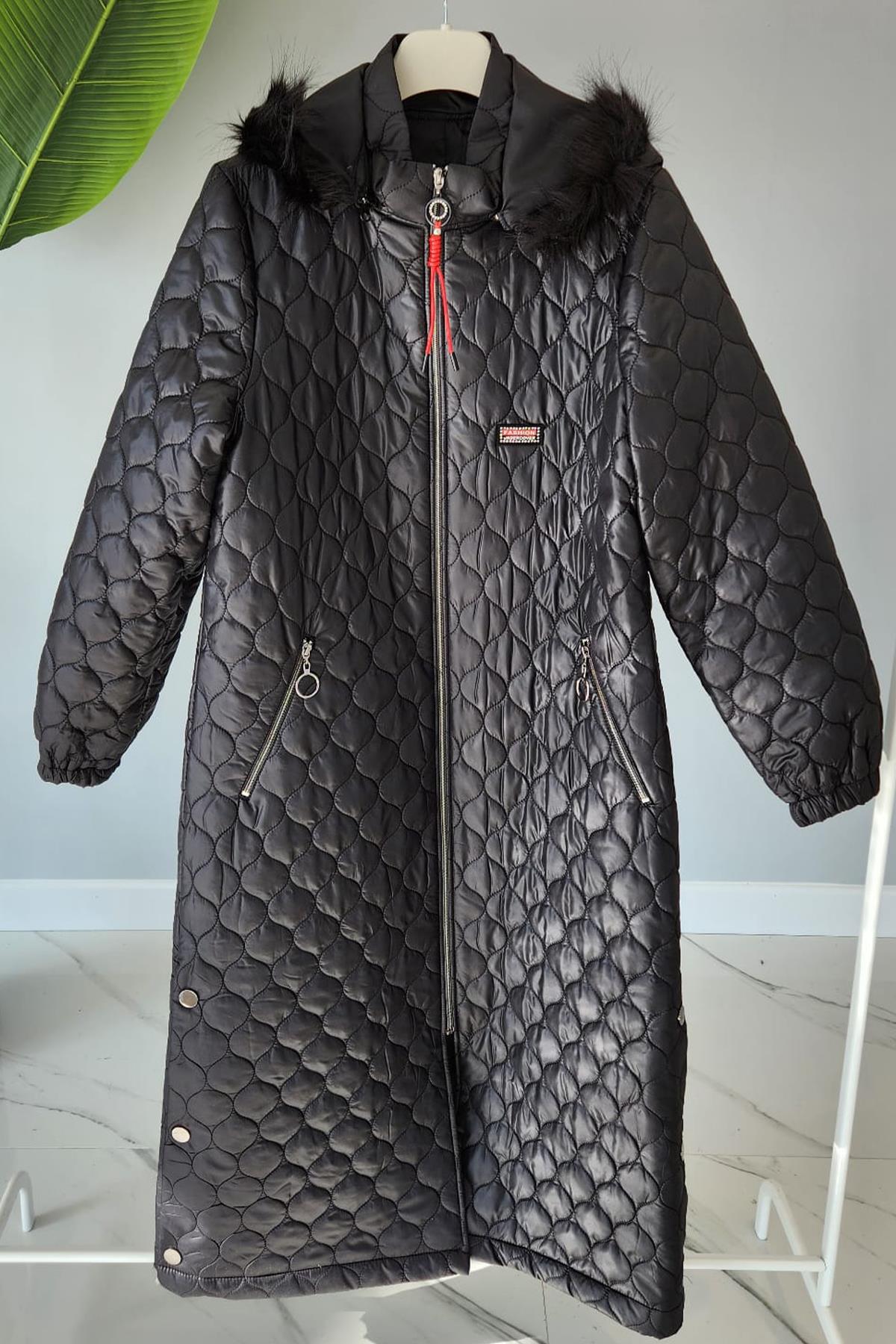 Kürklü Kapitone Mont 17753 Endiva Kaban Siyah