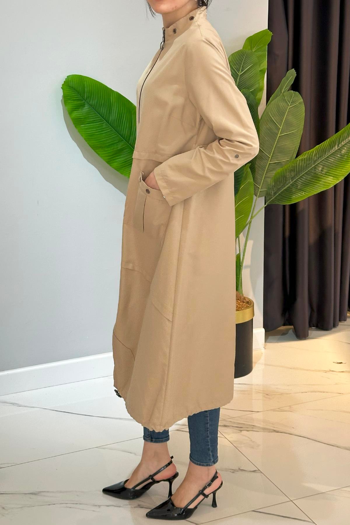 Kuş Gözlü Giy Çık Kap Ceket 17822 Bej