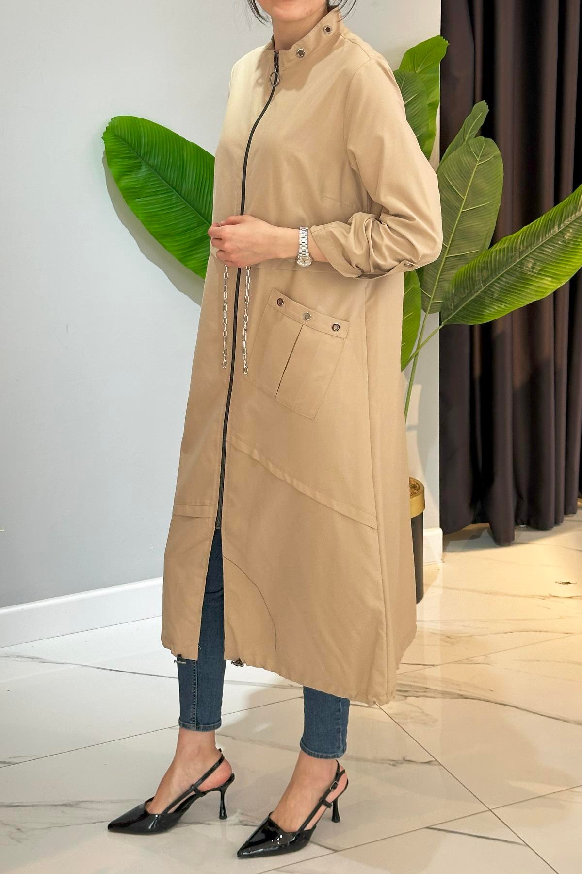 Kuş Gözlü Giy Çık Kap Ceket 17822 Bej