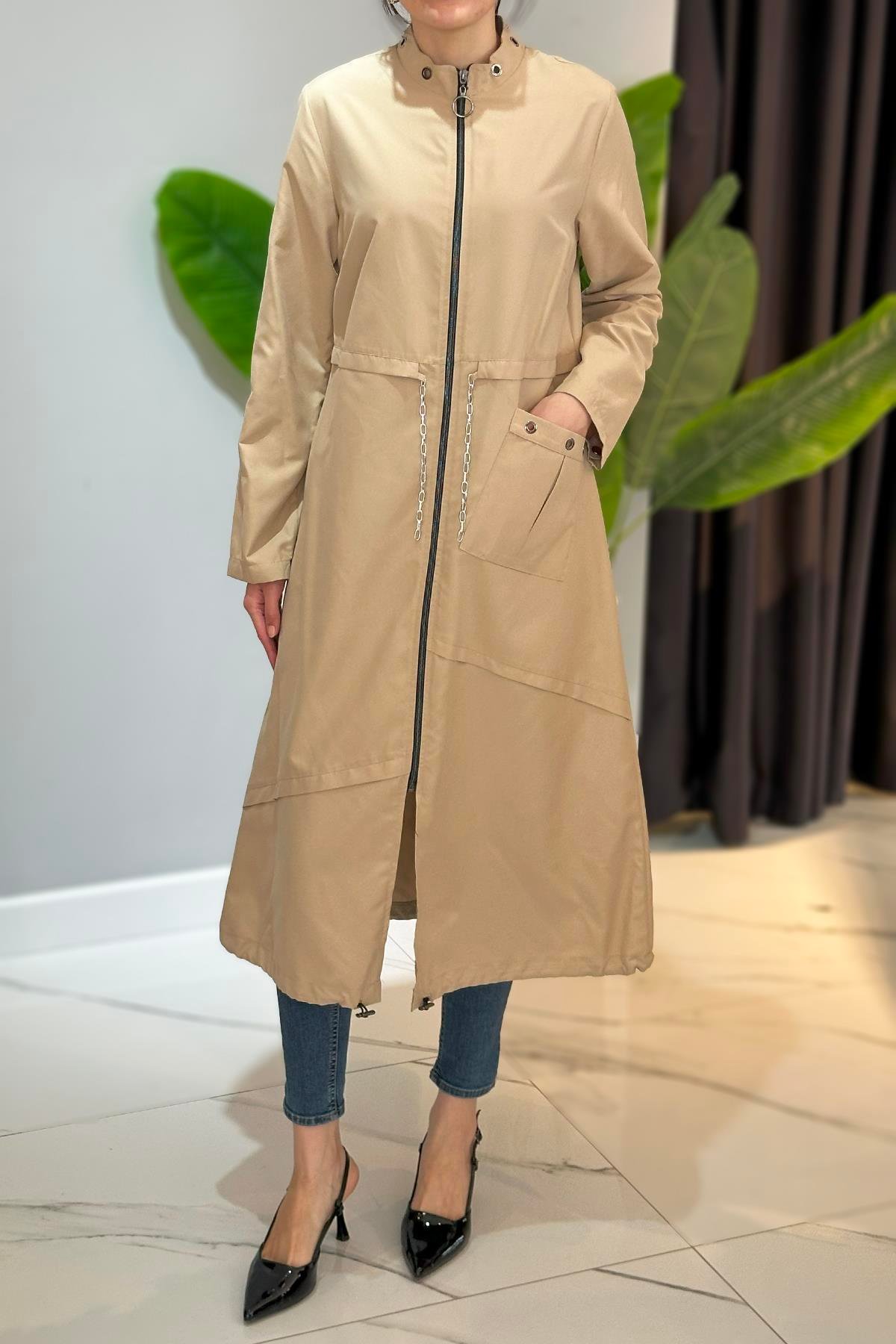 Kuş Gözlü Giy Çık Kap Ceket 17822 Bej