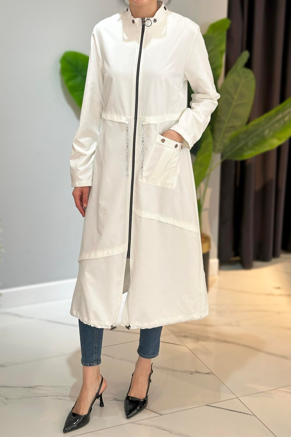 Kuş Gözlü Giy Çık Kap Ceket 17822 Ekru