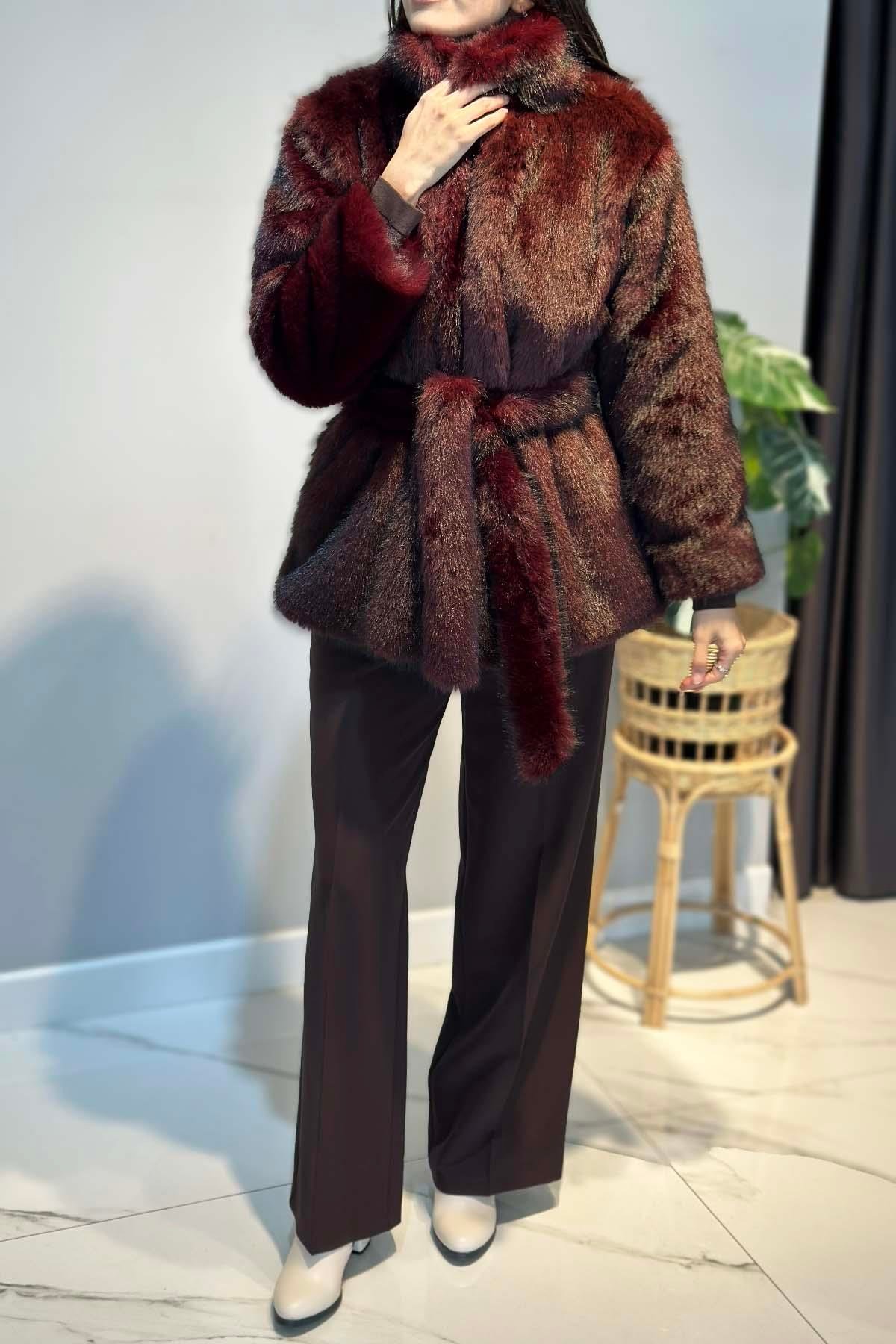 Kuşak Detay Kürk Kısa Ceket 6186 Bordo