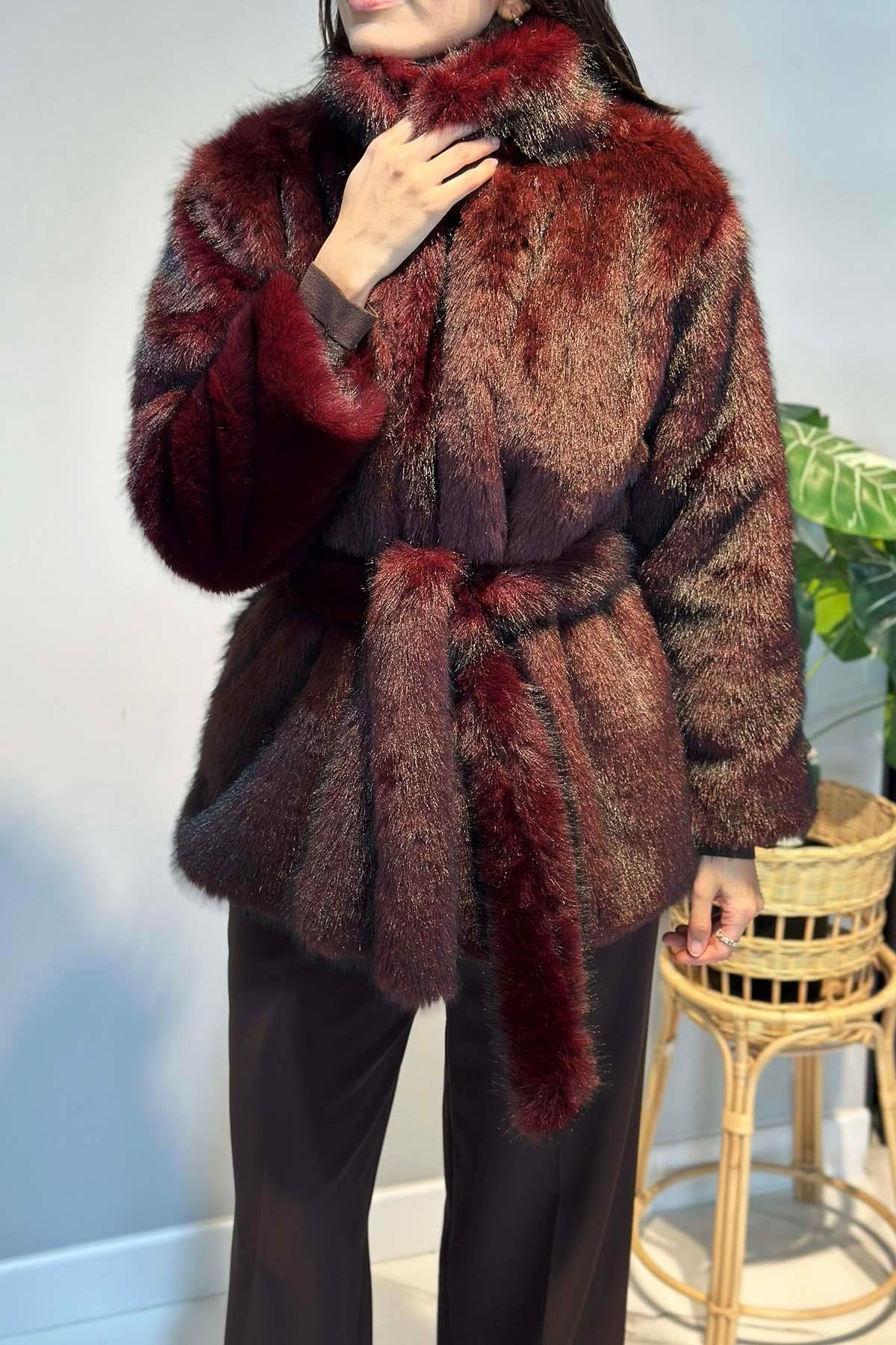Kuşak Detay Kürk Kısa Ceket 6186 Bordo