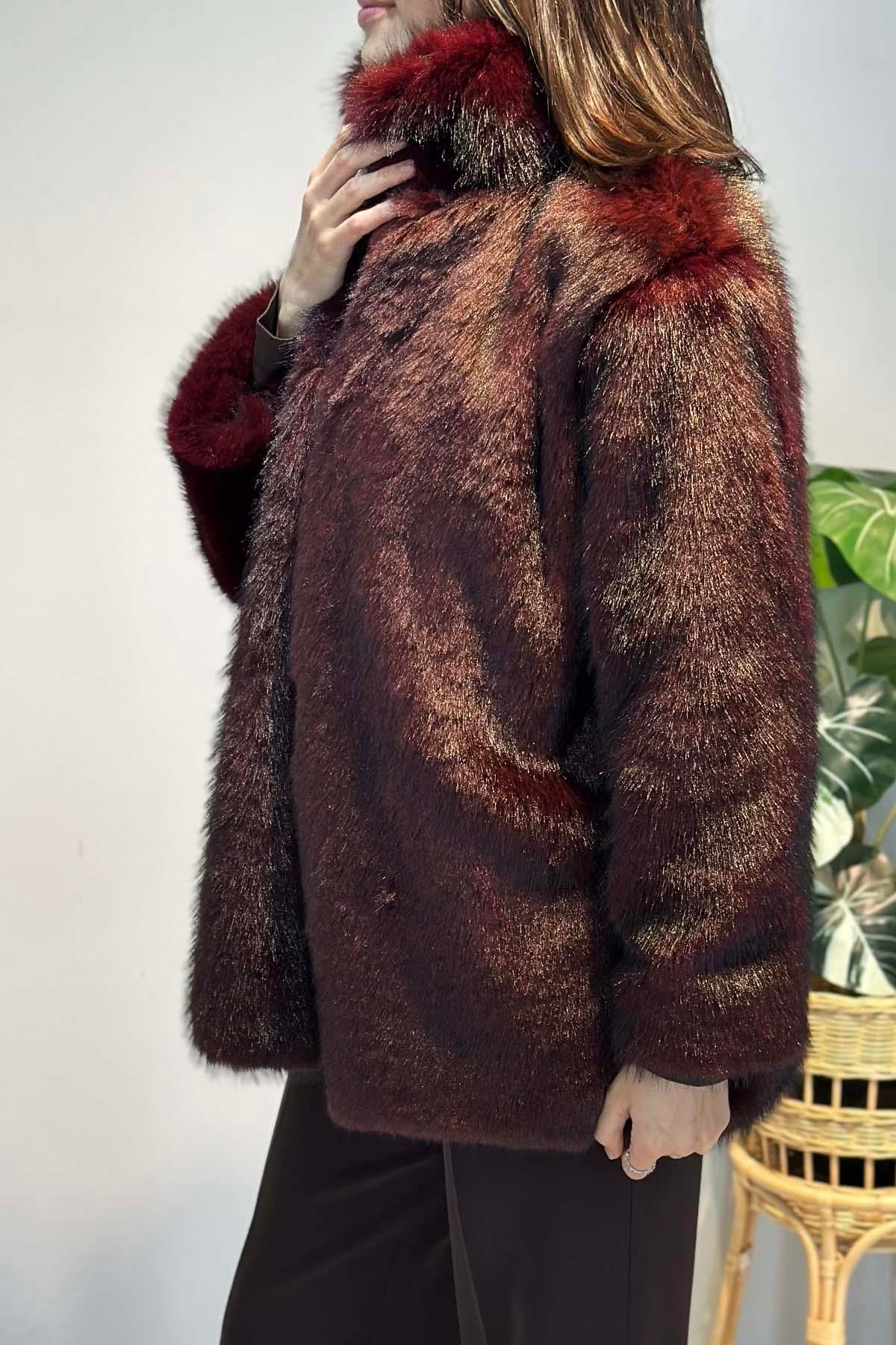 Kuşak Detay Kürk Kısa Ceket 6186 Bordo