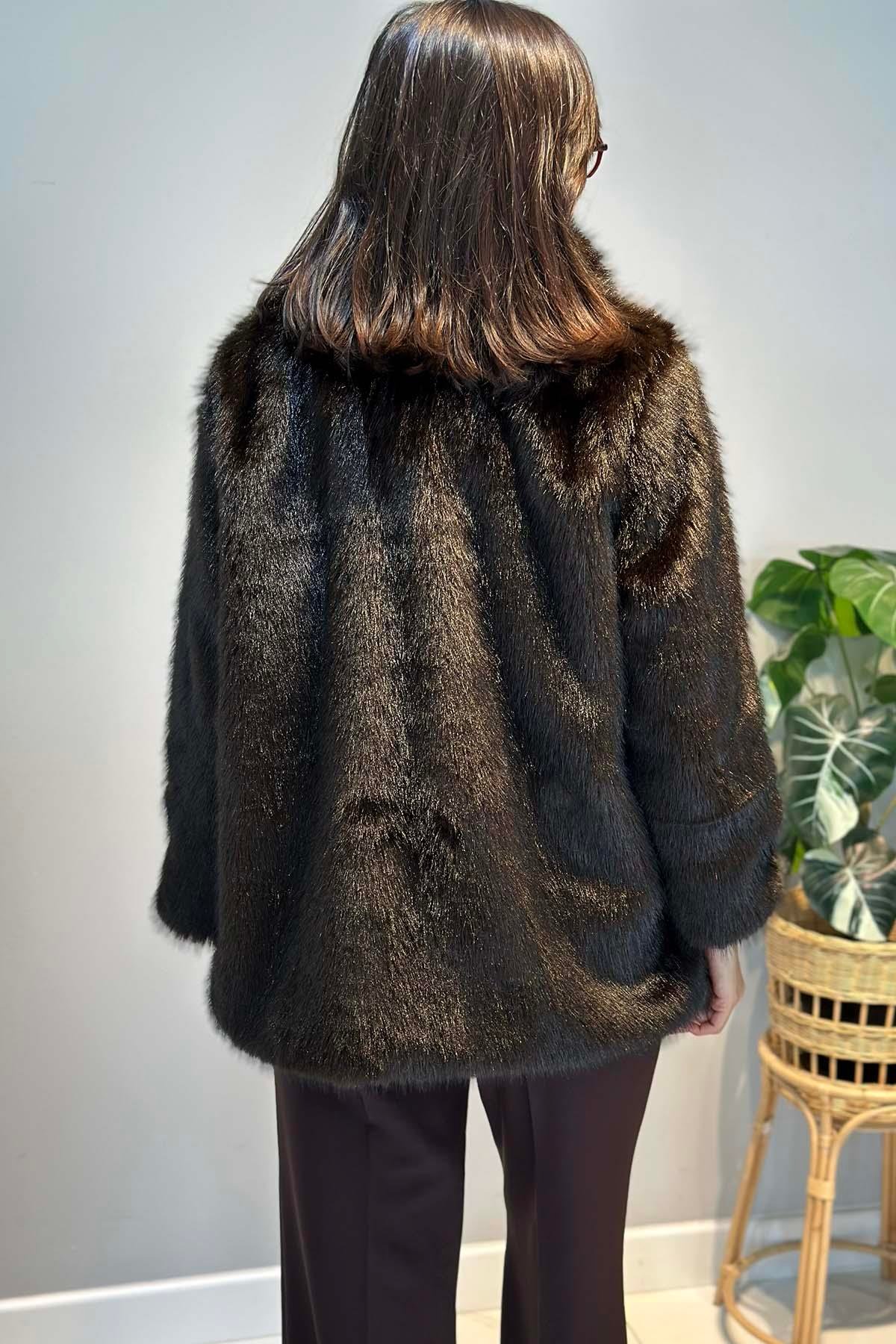 Kuşak Detay Kürk Kısa Ceket 6186 Kahverengi