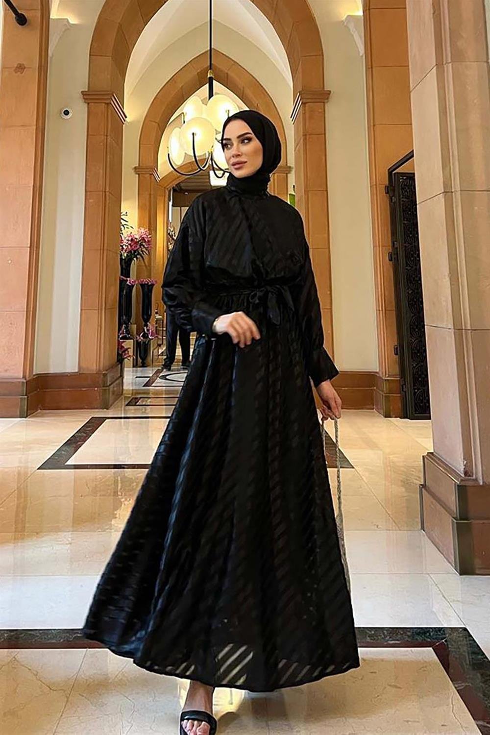 Lale Butik Şık Beli Lastikli Taş Düğme Detaylı Tül Elbise 8008 Siyah