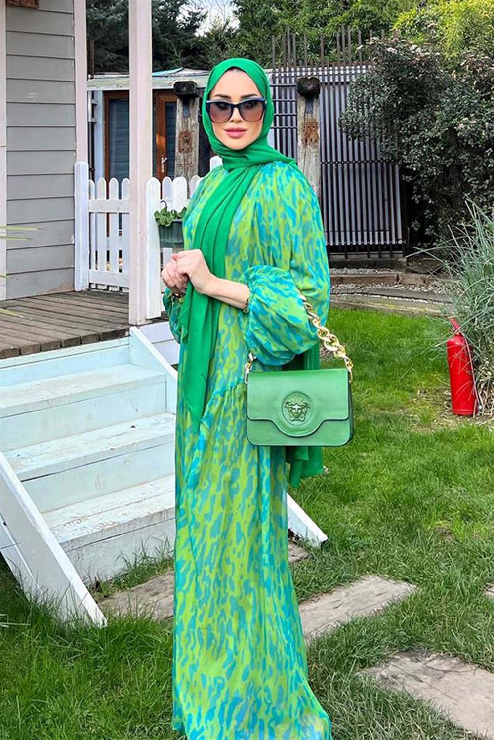 Lale Butik Şık Şifon Desenli Elbise 8022 Yeşil