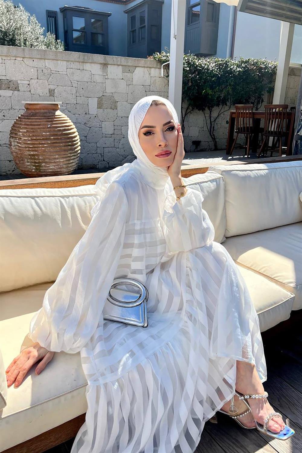 Lale Butik Şık Tül Detaylı Elbise 8027 Beyaz