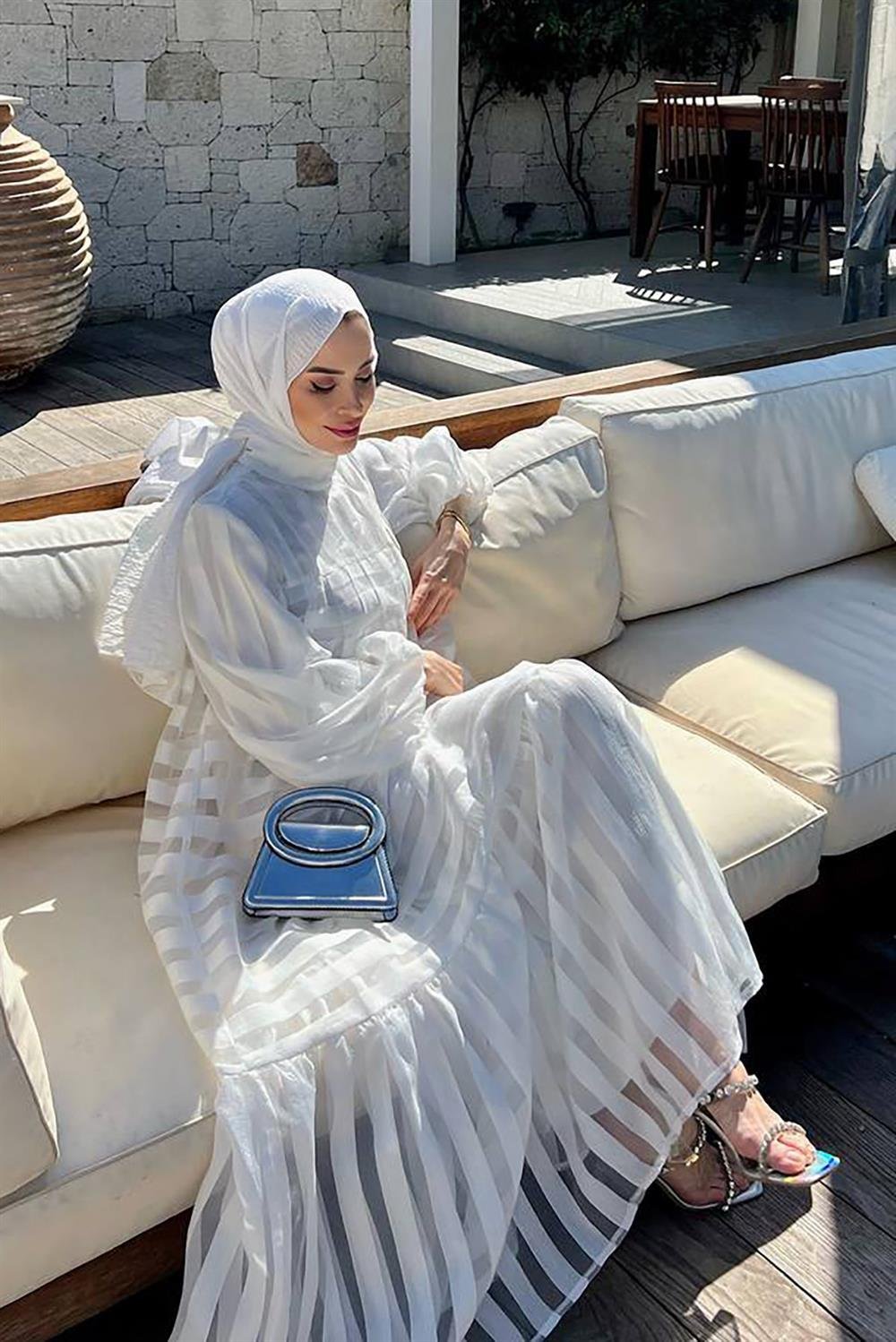 Lale Butik Şık Tül Detaylı Elbise 8027 Beyaz
