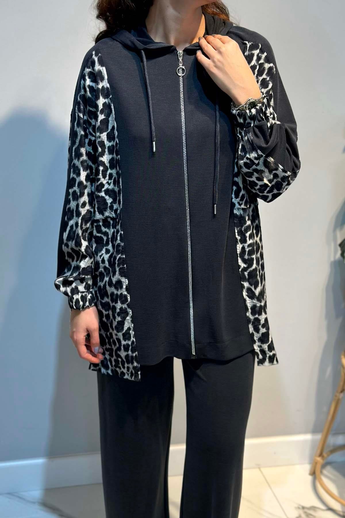 Leopar Desen Detay Pantolonlu Takım 70081-1 Antrasit