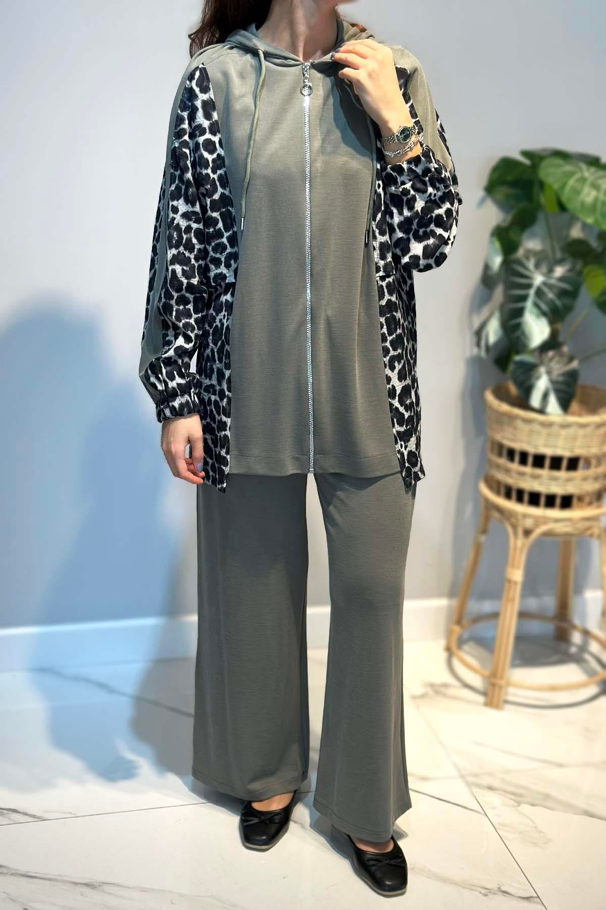 Leopar Desen Detay Pantolonlu Takım 70081-1 Haki