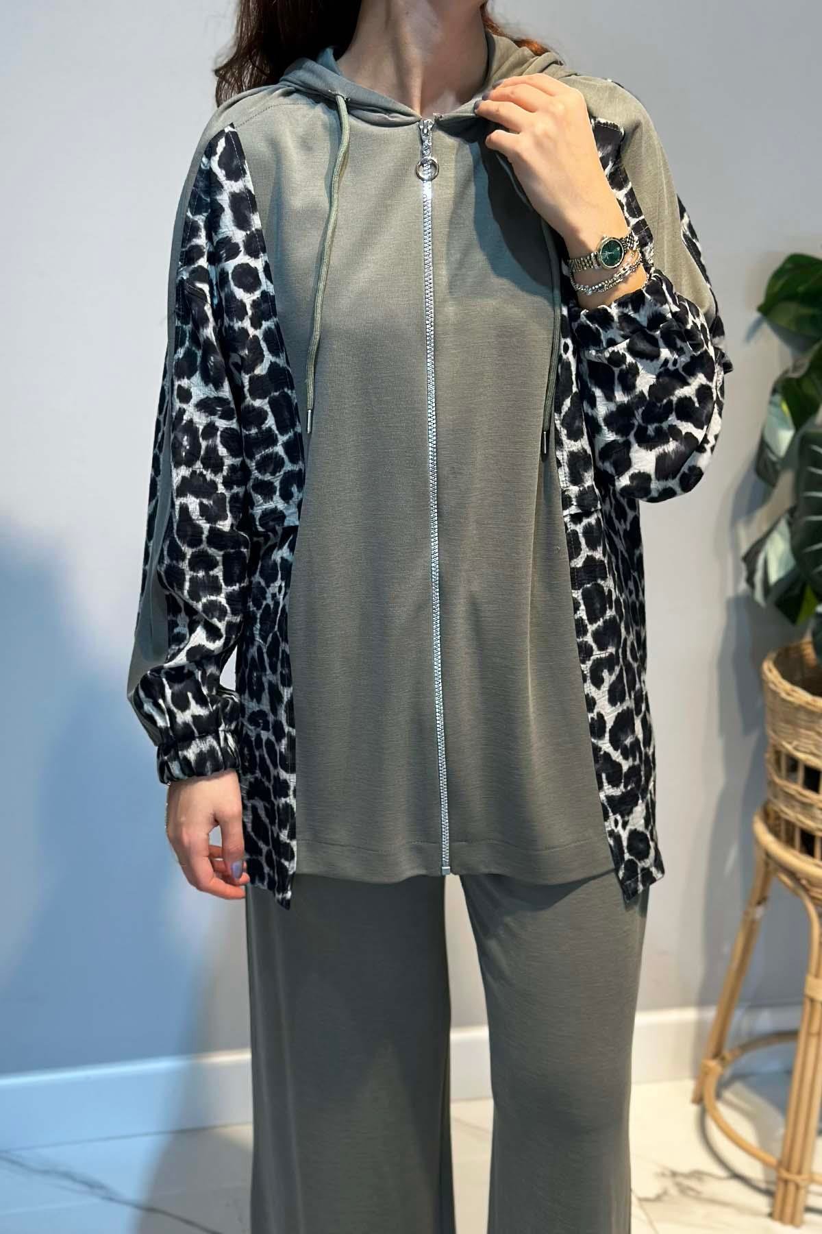 Leopar Desen Detay Pantolonlu Takım 70081-1 Haki