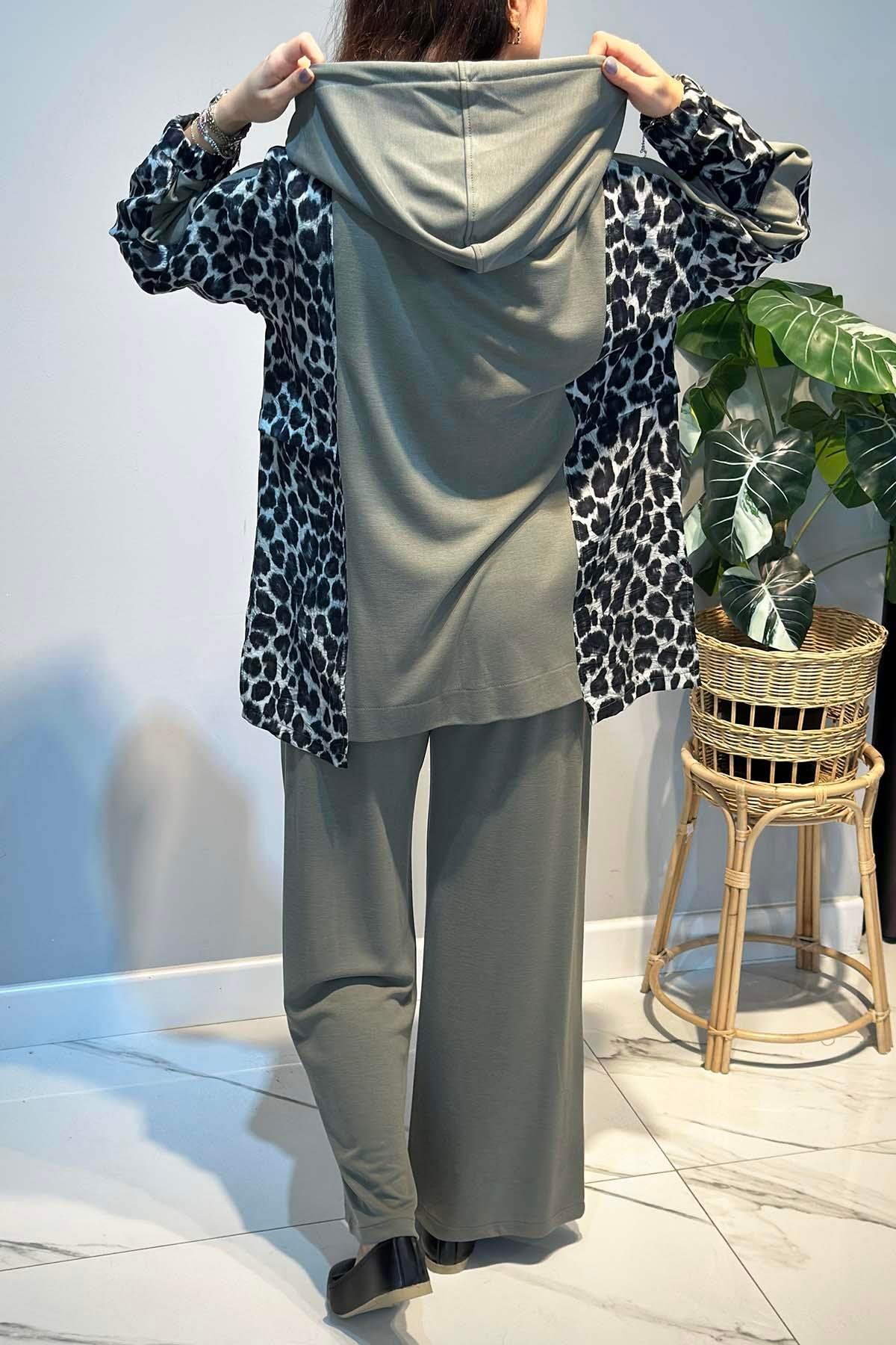 Leopar Desen Detay Pantolonlu Takım 70081-1 Haki
