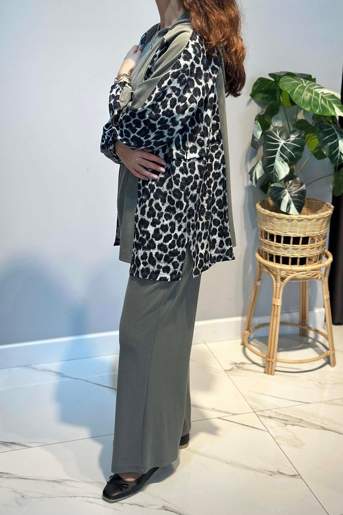 Leopar Desen Detay Pantolonlu Takım 70081-1 Haki