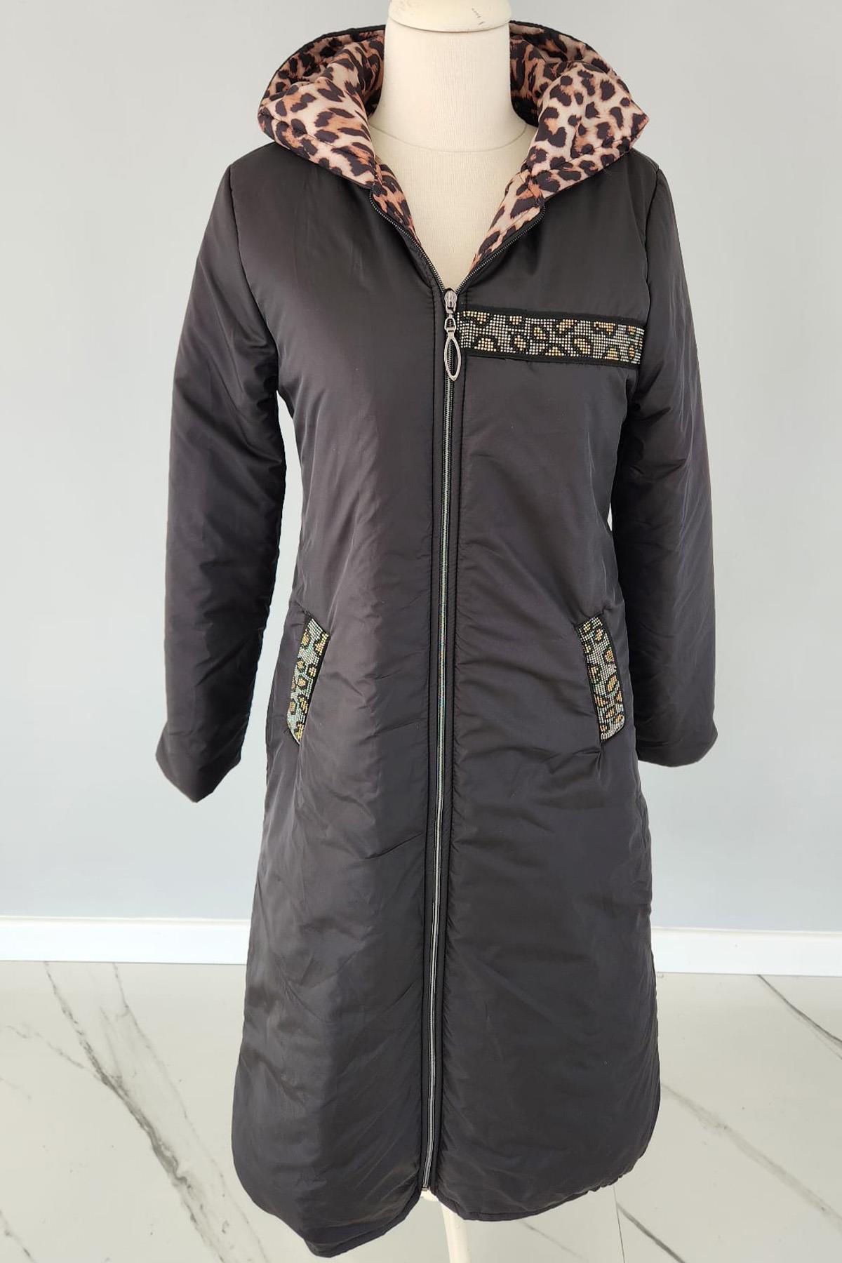 Leopar Desenli Kap 17604 Endiva Kaban Mont Siyah