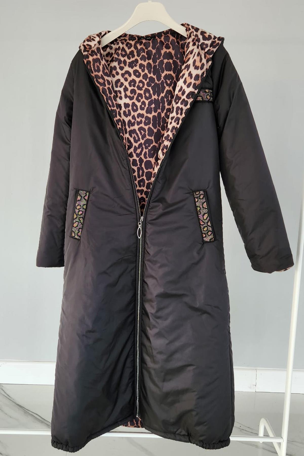 Leopar Desenli Kap 17604 Endiva Kaban Mont Siyah