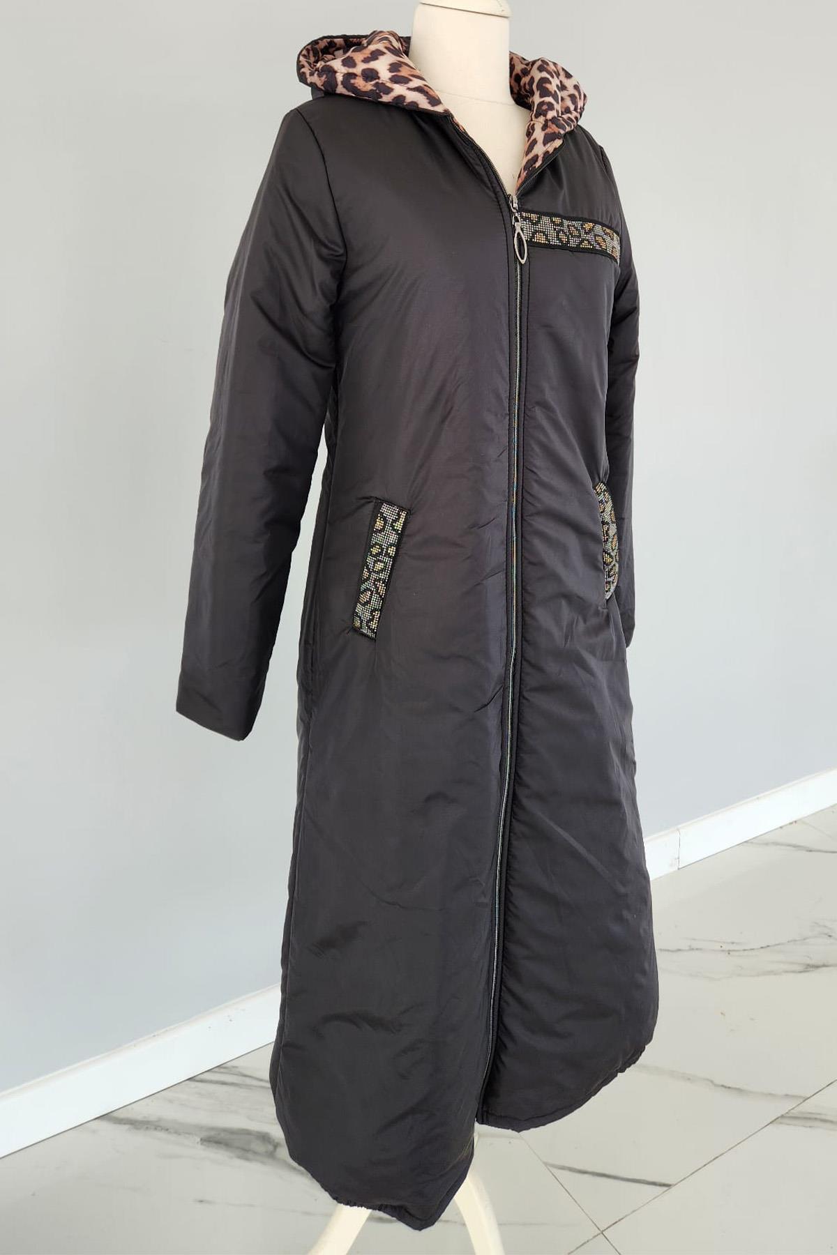 Leopar Desenli Kap 17604 Endiva Kaban Mont Siyah