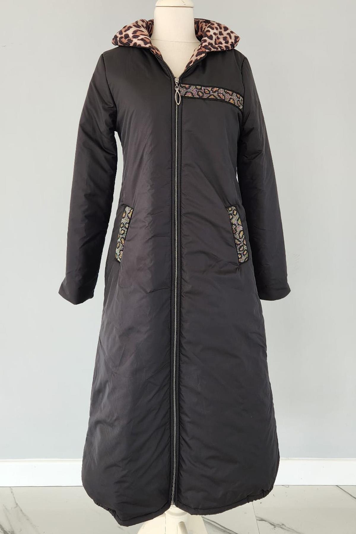 Leopar Desenli Kap 17604 Endiva Kaban Mont Siyah