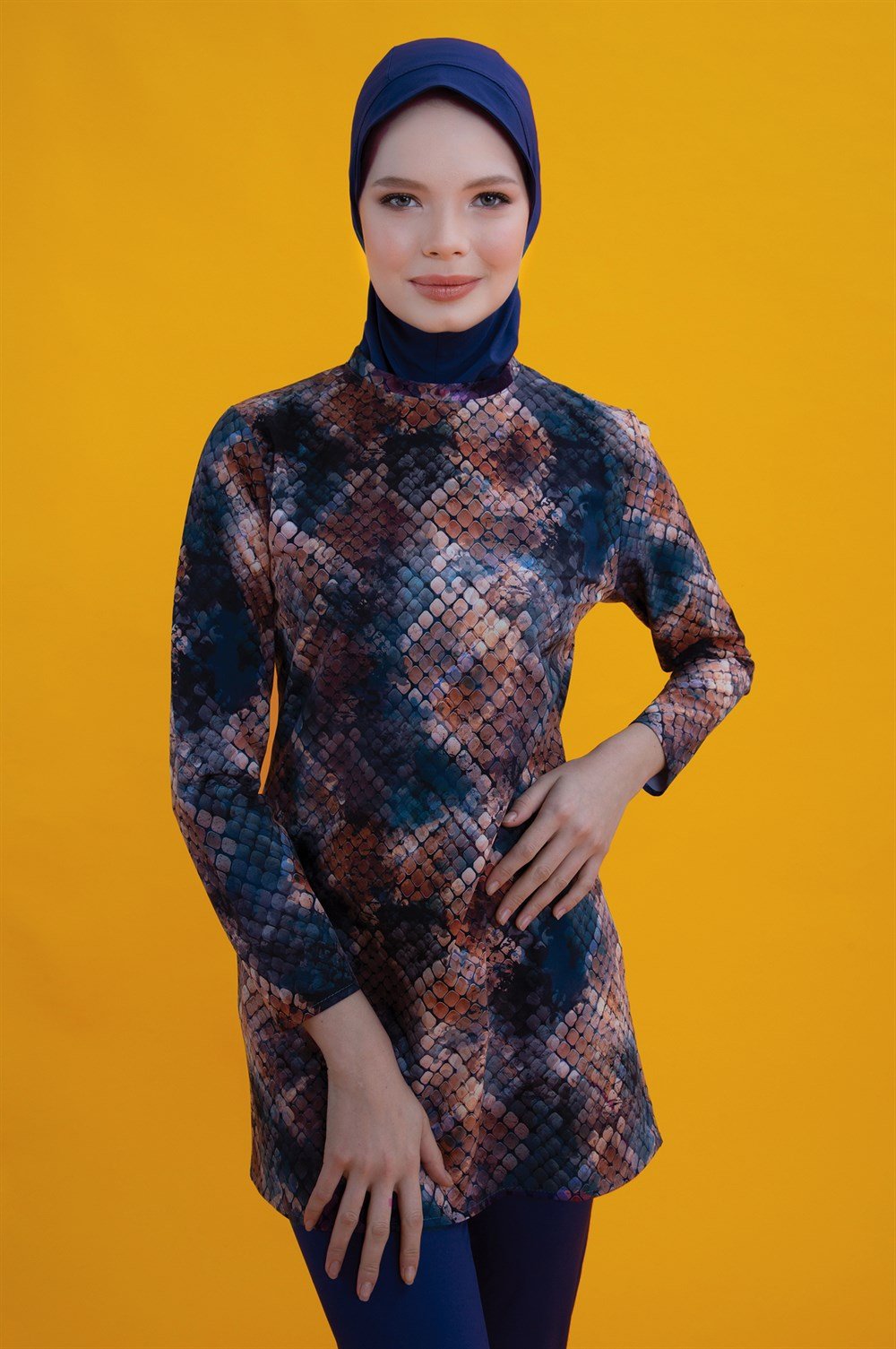 Likralı Tam Kapalı Desenli Akdeniz Tesettür Mayo