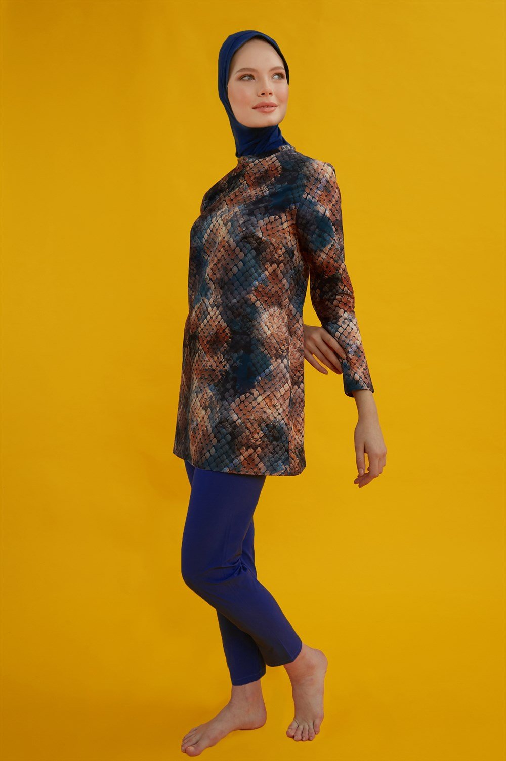 Likralı Tam Kapalı Desenli Akdeniz Tesettür Mayo