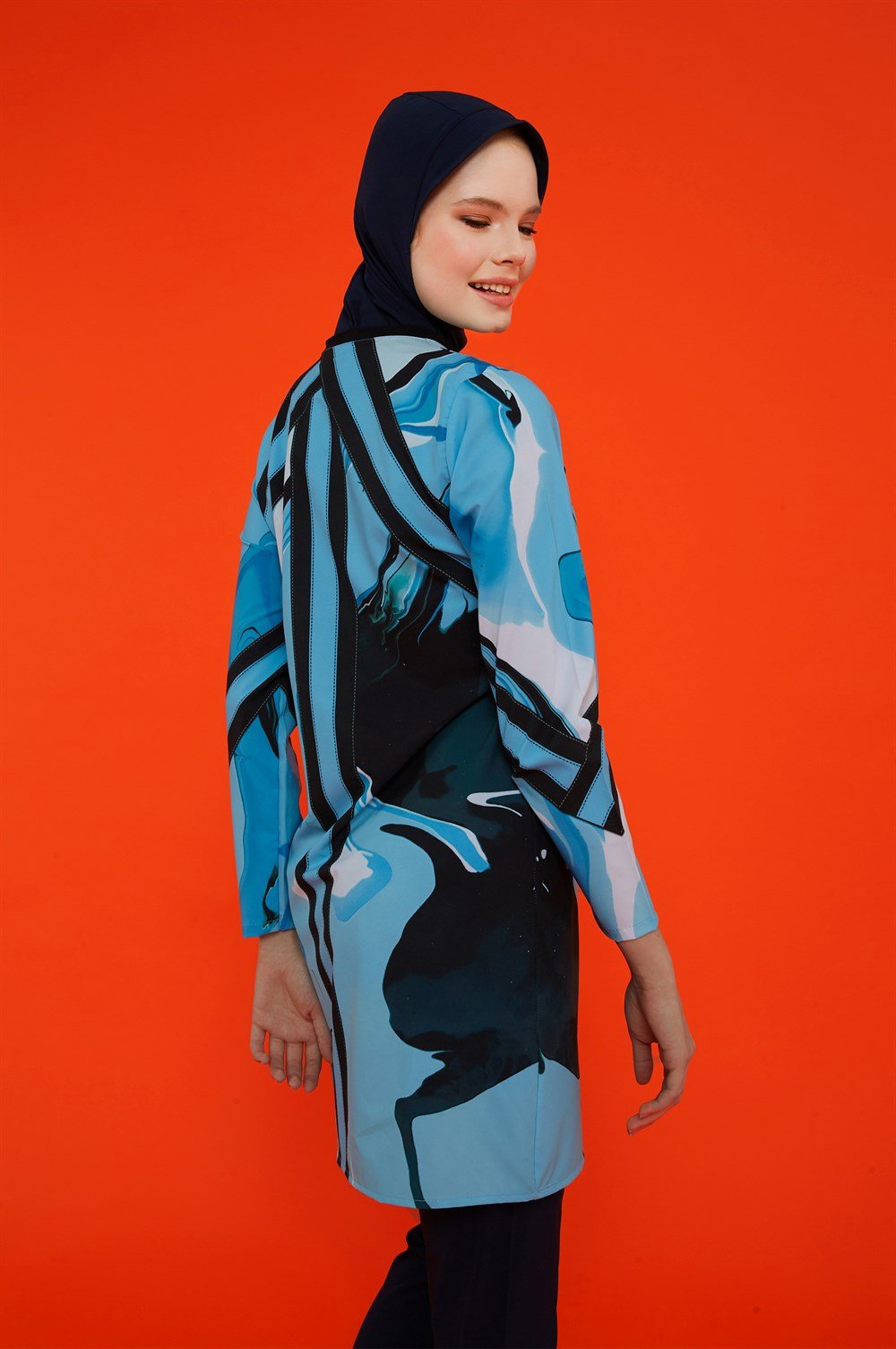 Likralı Tam Kapalı Desenli Denizci Tesettür Mayo