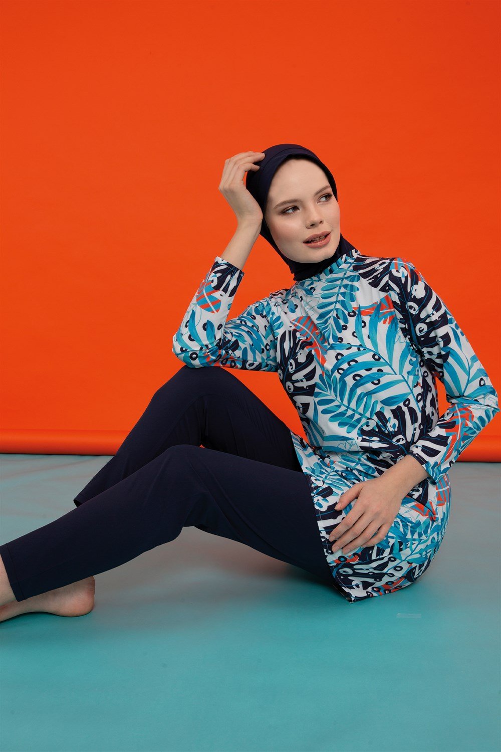 Likralı Tam Kapalı Desenli Mercan Tesettür Mayo