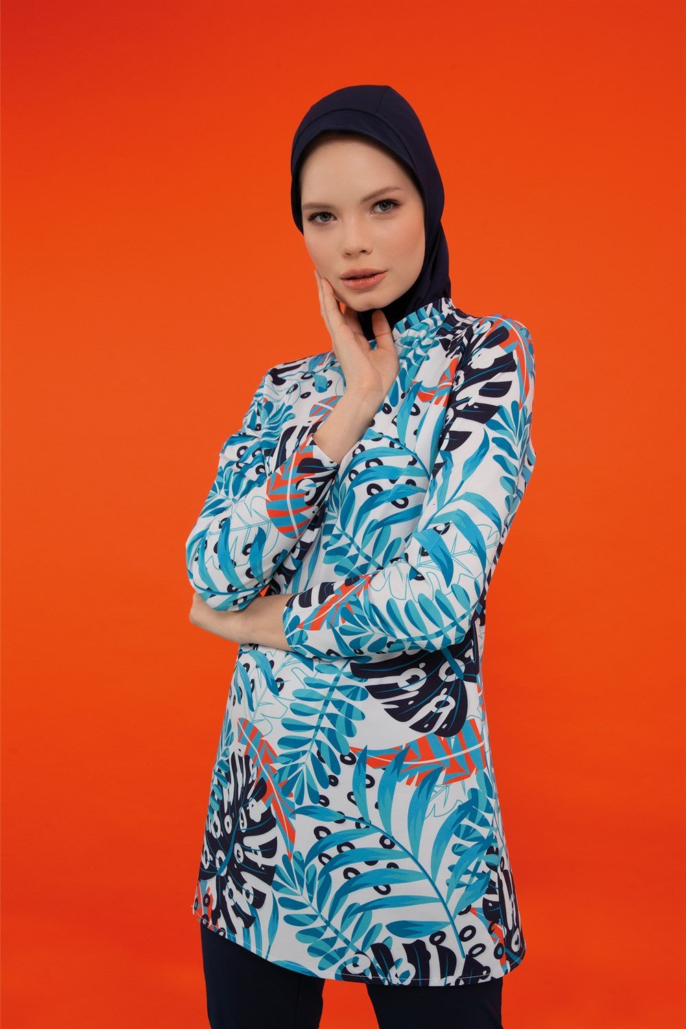 Likralı Tam Kapalı Desenli Mercan Tesettür Mayo