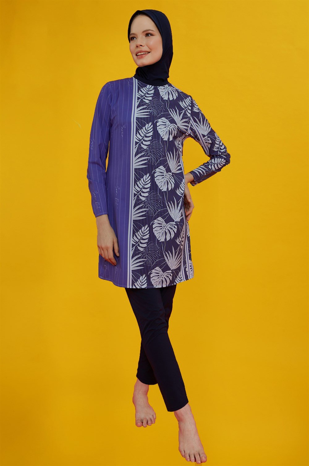 Likralı Tam Kapalı Mor Desenli Tesettür Mayo