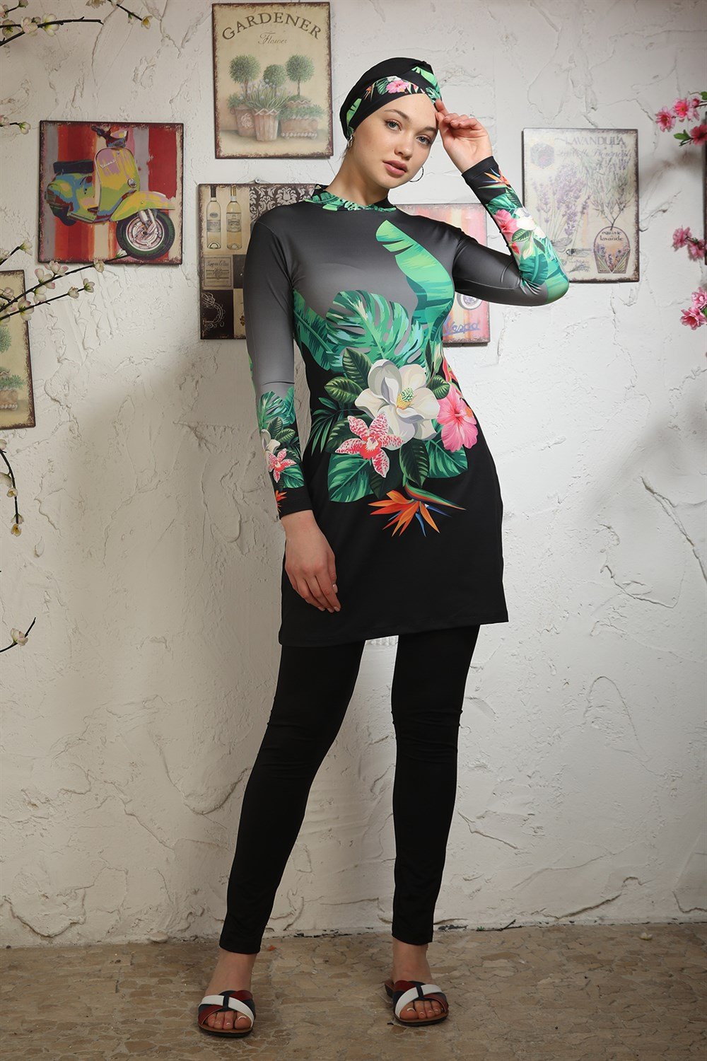 Likralı Tam Kapalı Tesettür Mayo 2104 Çiçek