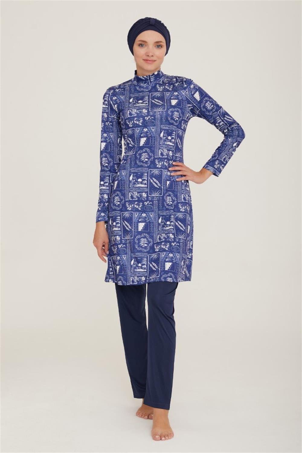 Likralı Tam Kapalı Tesettür Mayo Affan 2 9001 Koyu Lacivert Remsa Mayo