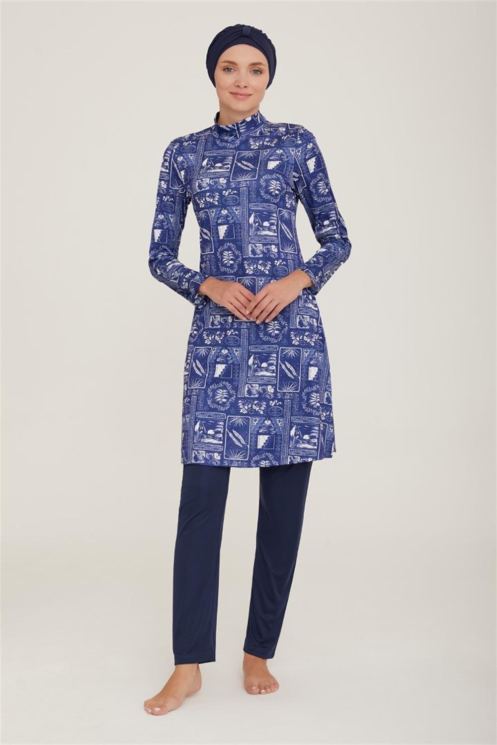 Likralı Tam Kapalı Tesettür Mayo Affan 2 9001 Koyu Lacivert Remsa Mayo