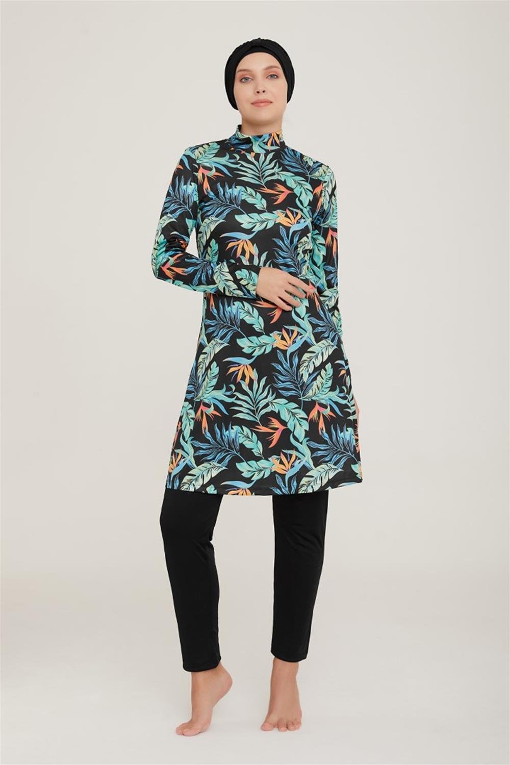 Likralı Tam Kapalı Tesettür Mayo Affan 4 9003 Siyah Remsa Mayo