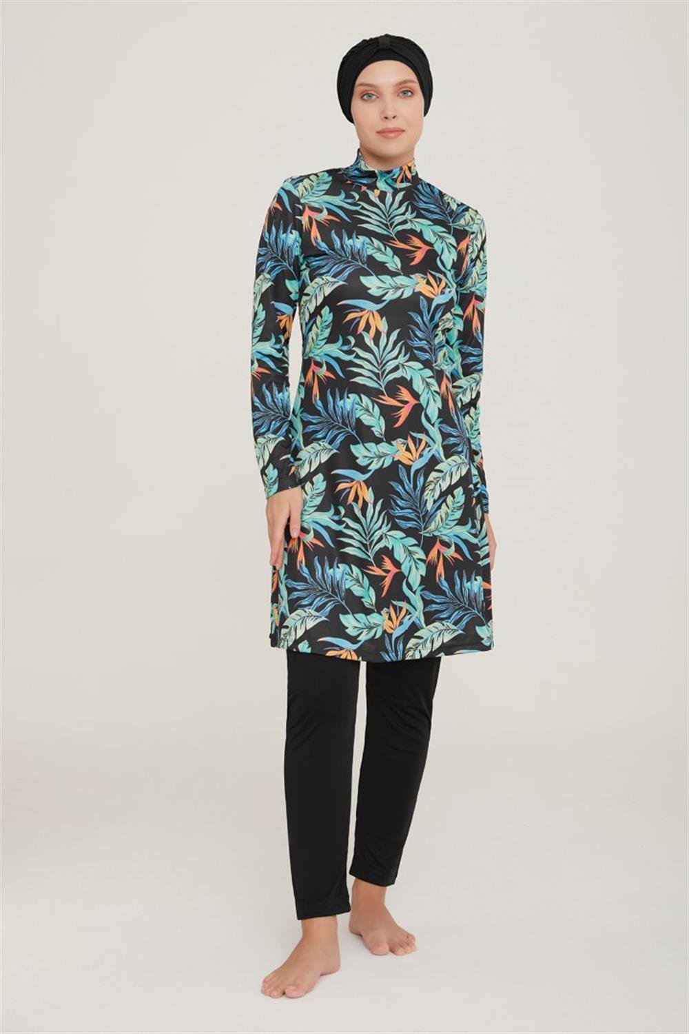 Likralı Tam Kapalı Tesettür Mayo Affan 4 9003 Siyah Remsa Mayo