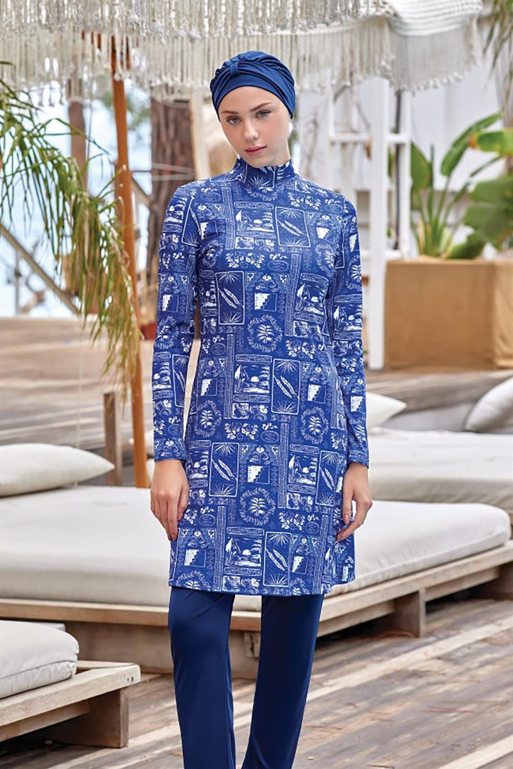 Likralı Tam Kapalı Tesettür Mayo Affan 2 9001 Koyu Lacivert Remsa Mayo