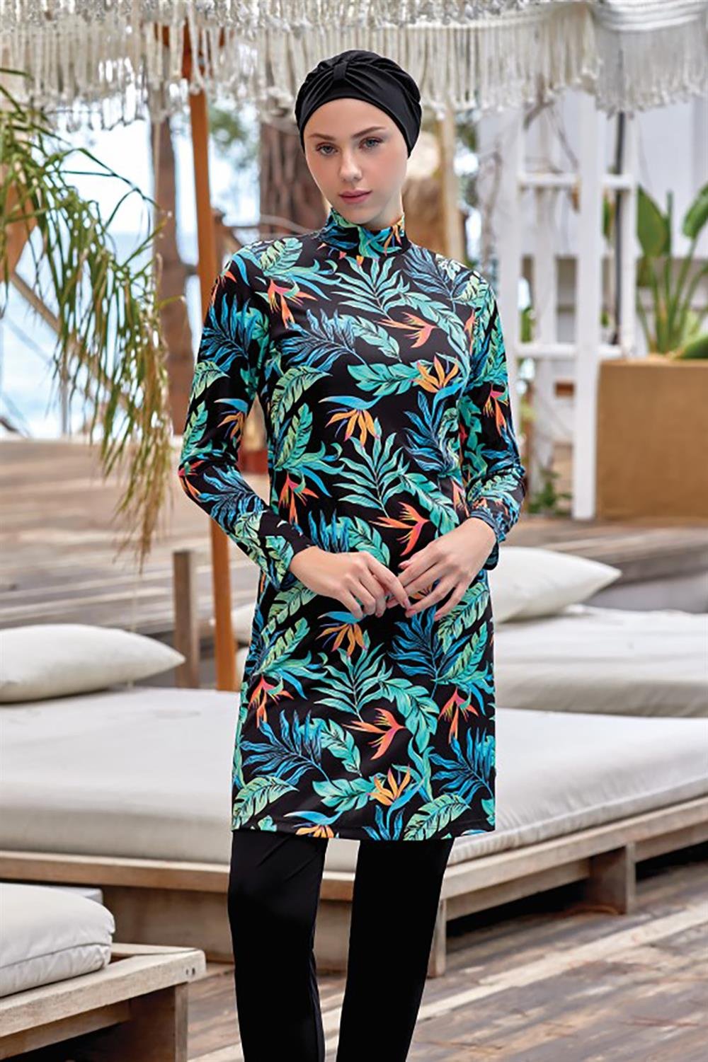 Likralı Tam Kapalı Tesettür Mayo Affan 4 9003 Siyah Remsa Mayo