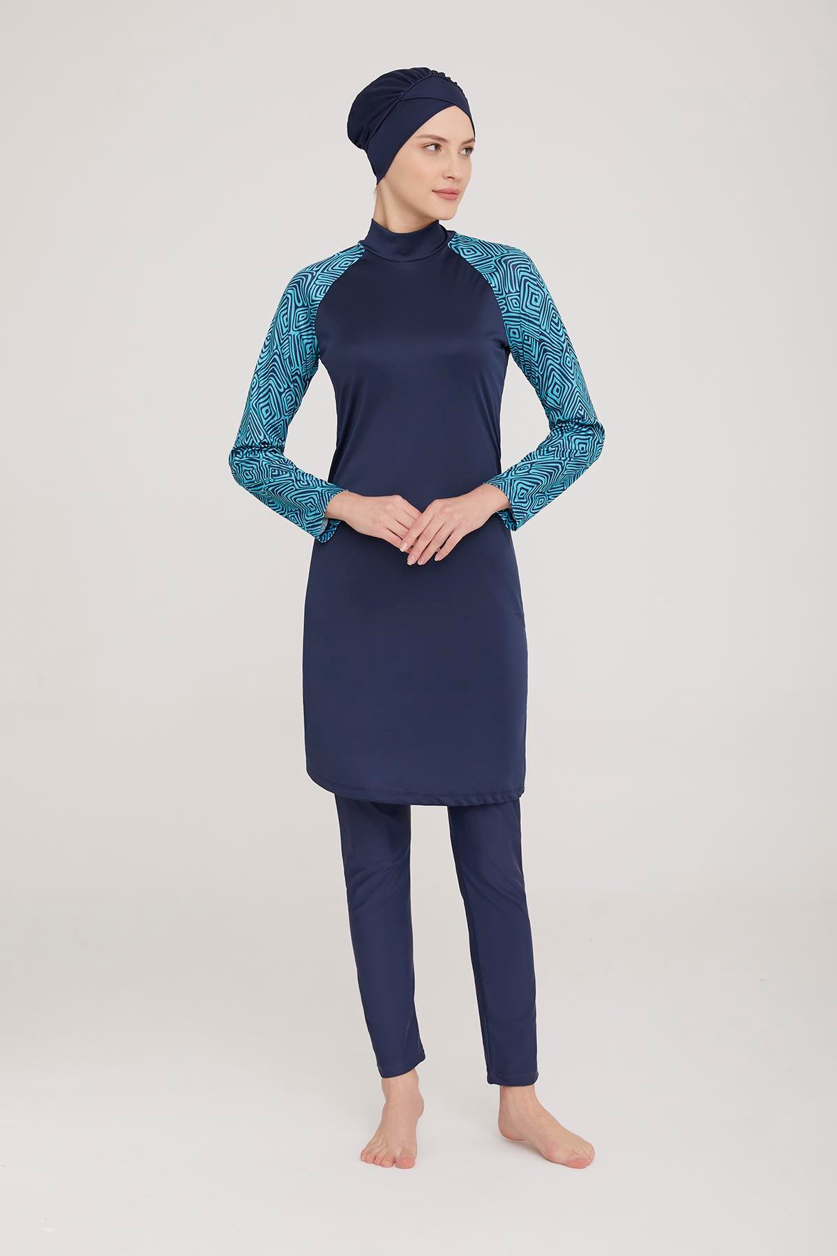 Likralı Tam Kapalı Tesettür Mayo Aksa 2 9016 Koyu Lacivert Remsa Mayo