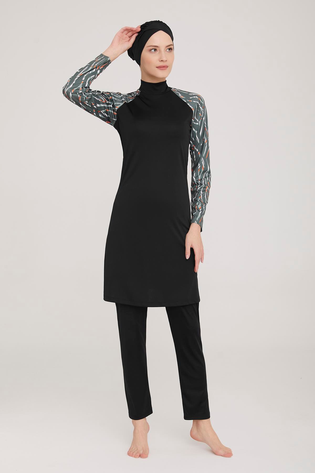 Likralı Tam Kapalı Tesettür Mayo Aksa 3 9017 Siyah Remsa Mayo