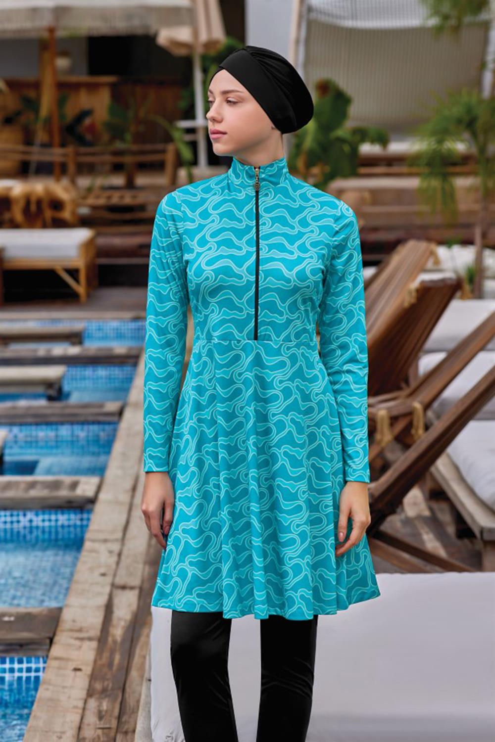 Likralı Tam Kapalı Tesettür Mayo Alun 9010 Siyah Remsa Mayo