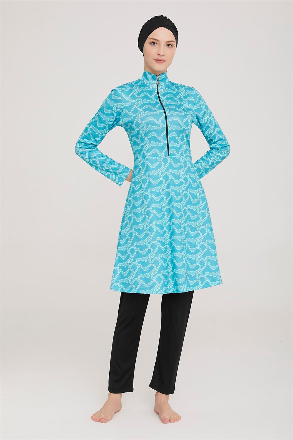 Likralı Tam Kapalı Tesettür Mayo Alun 9010 Siyah Remsa Mayo