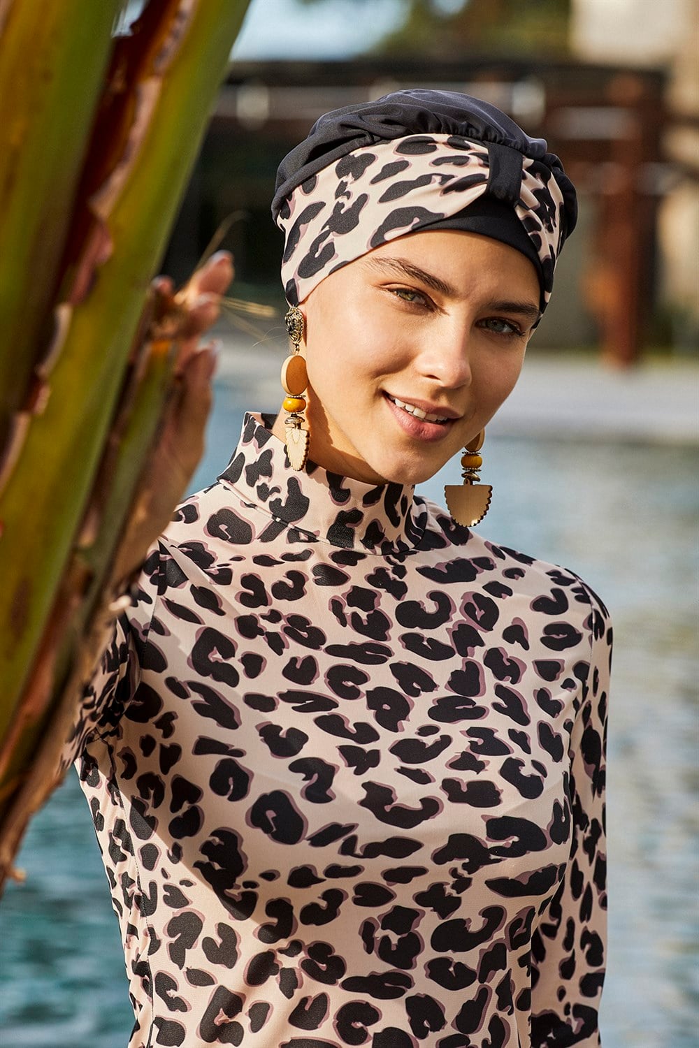 Likralı Tam Kapalı Tesettür Mayo Bej Leopar 4273 Siyah