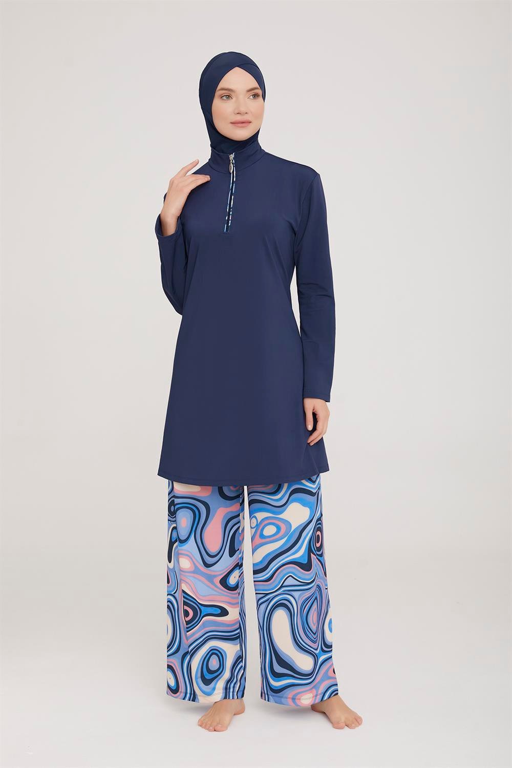 Likralı Tam Kapalı Tesettür Mayo Bol Paça Ruth 2 4417 Koyu Lacivert Remsa Mayo