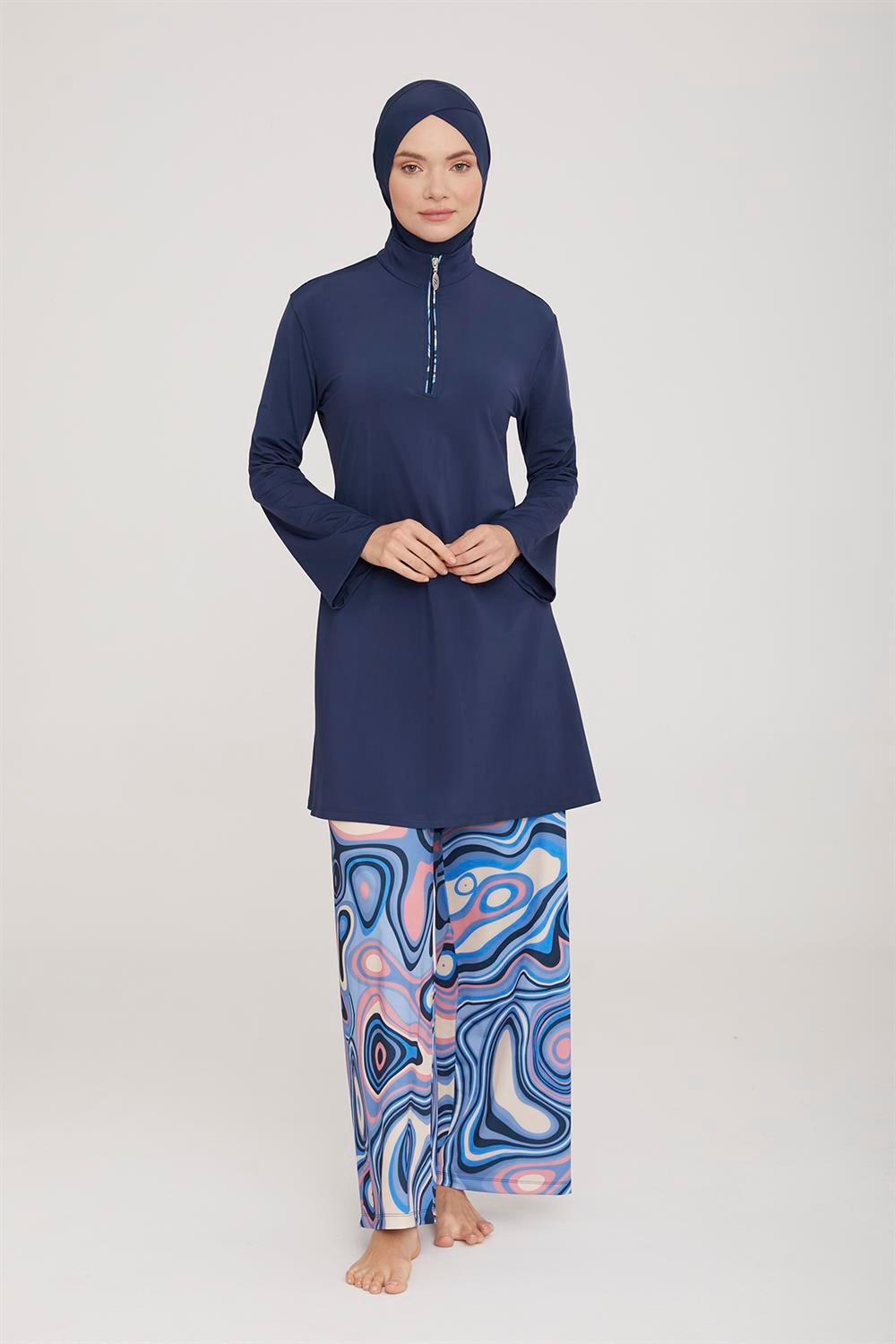 Likralı Tam Kapalı Tesettür Mayo Bol Paça Ruth 2 4417 Koyu Lacivert Remsa Mayo