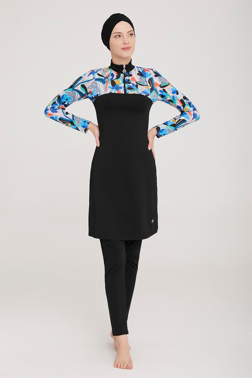 Likralı Tam Kapalı Tesettür Mayo Carter 8024 Siyah Remsa Mayo