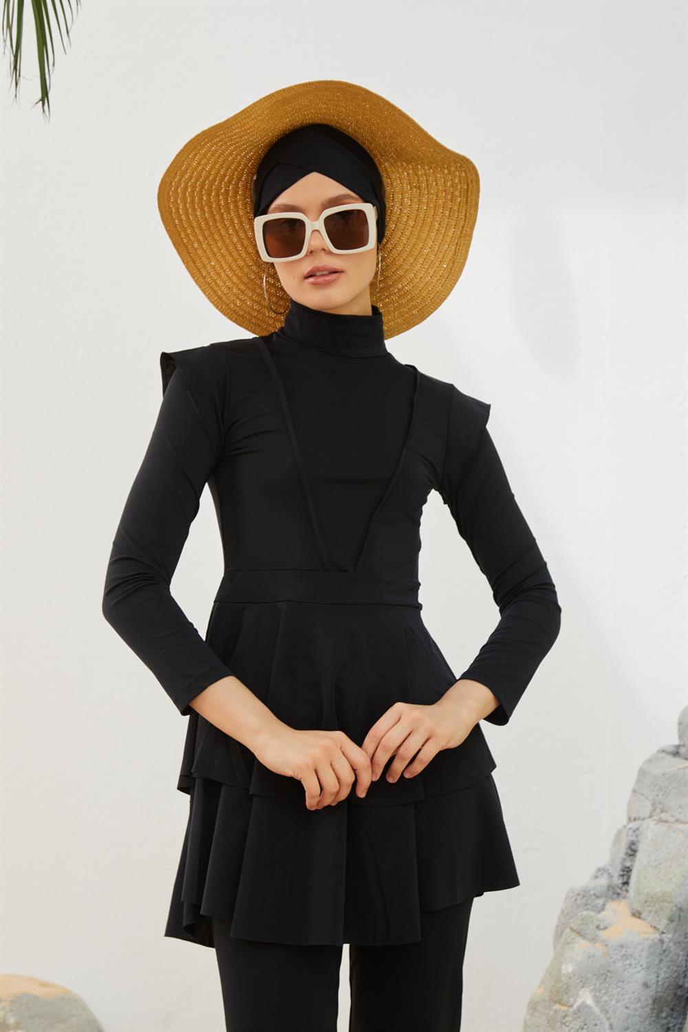 Likralı Tam Kapalı Tesettür Mayo Deniz Mayosu Fırfır Detaylı T223-01 Siyah