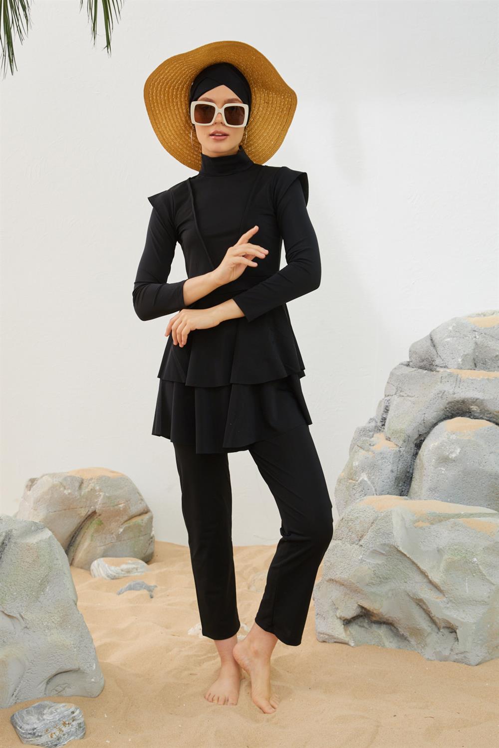 Likralı Tam Kapalı Tesettür Mayo Deniz Mayosu Fırfır Detaylı T223-01 Siyah