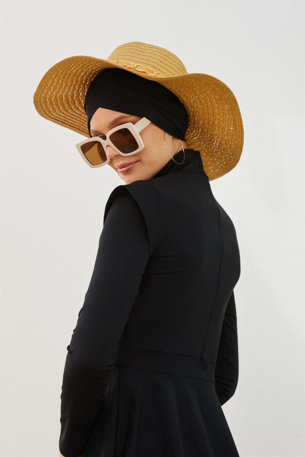 Likralı Tam Kapalı Tesettür Mayo Deniz Mayosu Fırfır Detaylı T223-01 Siyah