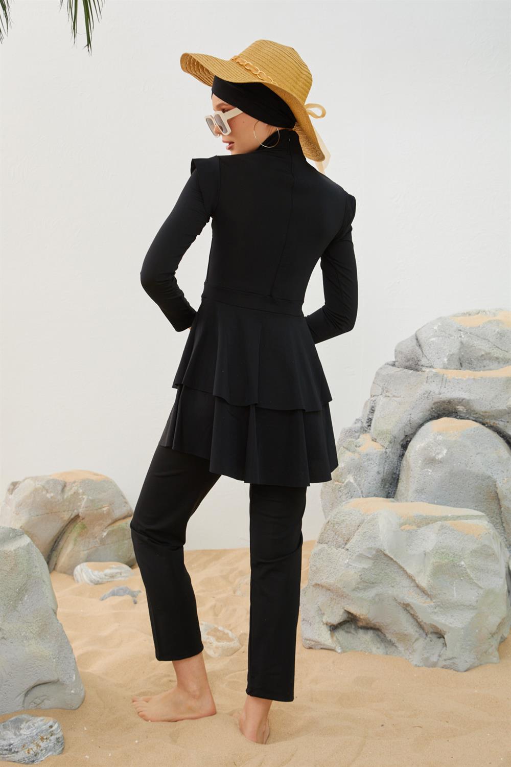 Likralı Tam Kapalı Tesettür Mayo Deniz Mayosu Fırfır Detaylı T223-01 Siyah