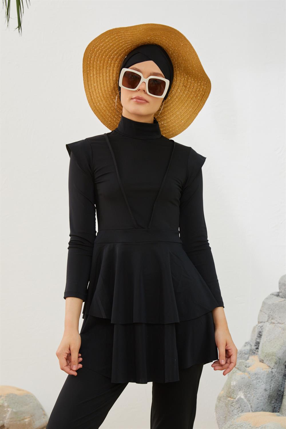 Likralı Tam Kapalı Tesettür Mayo Deniz Mayosu Fırfır Detaylı T223-01 Siyah